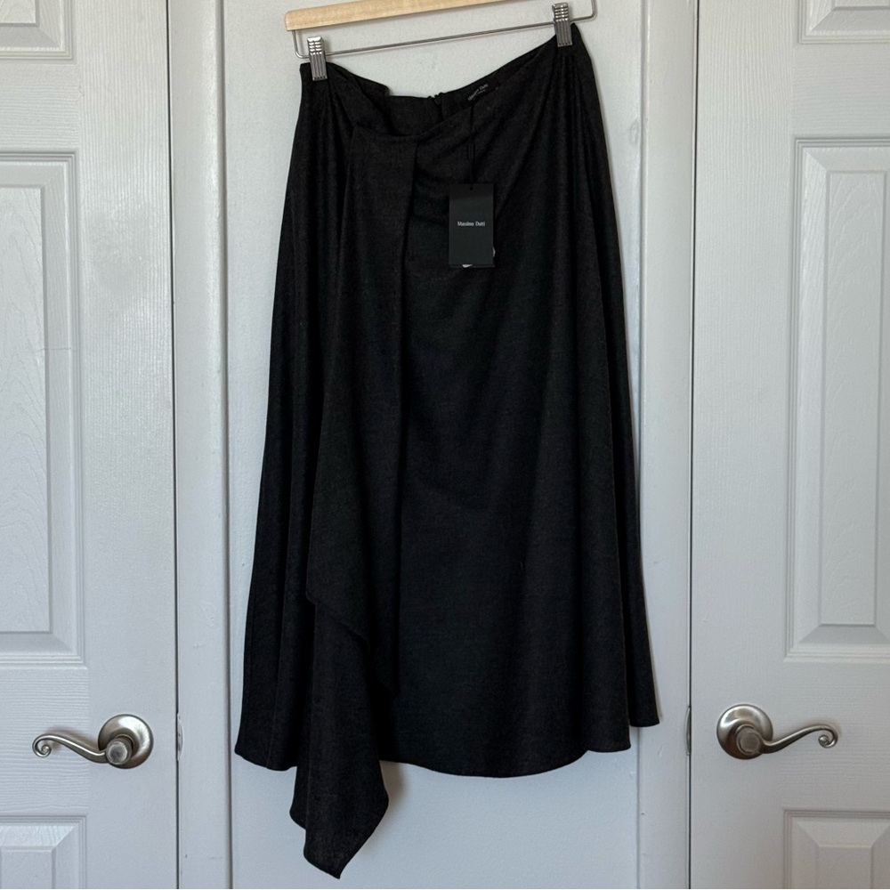 Massimo Dutti Black Asymmetrical Midi Skirt with Draped Hem